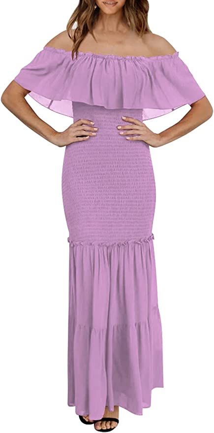 PRETTYGARDEN Women's Sexy Summer Maxi Pencil Dress Off Shoulder Ruffle Smocked Mermaid Bodycon Pa... | Amazon (US)