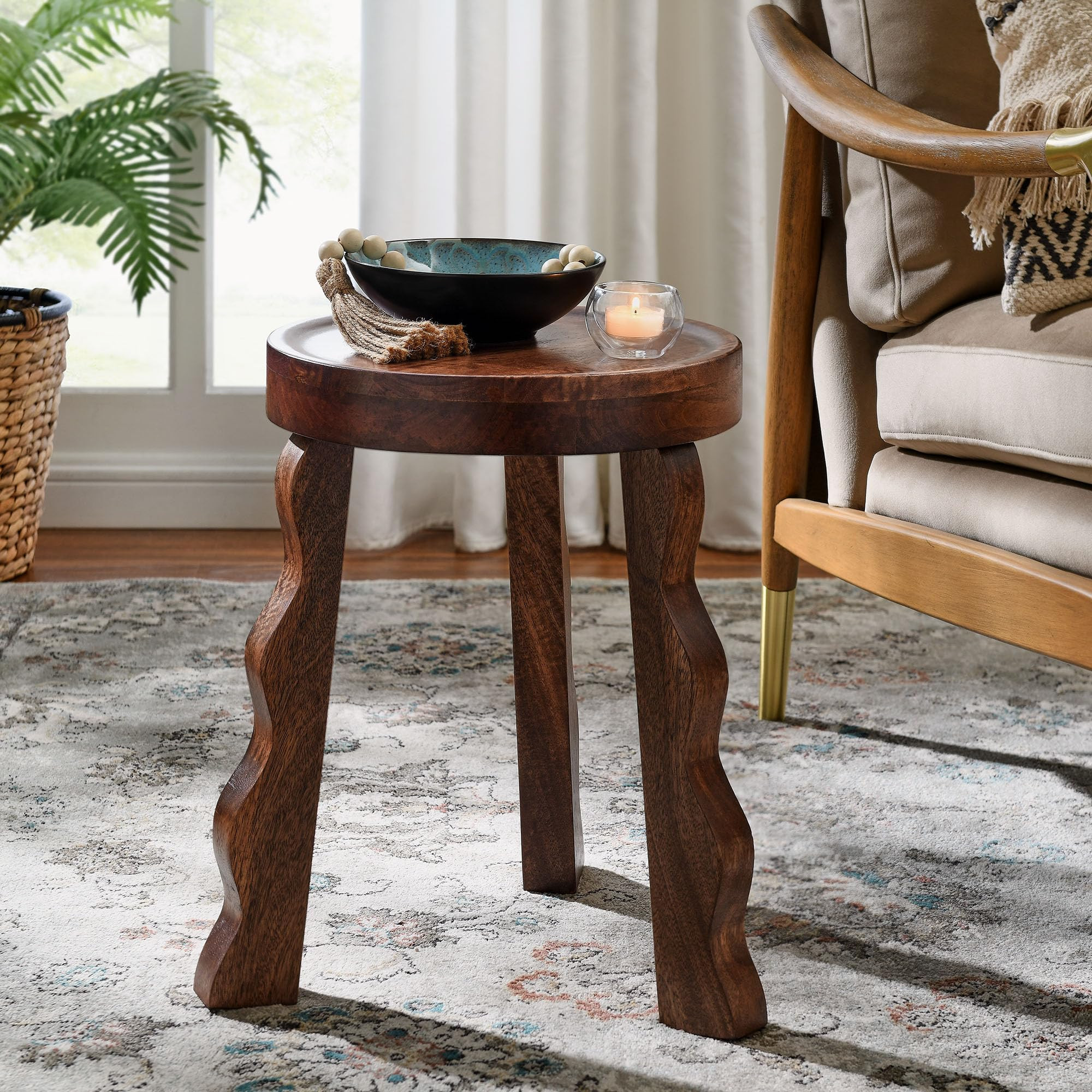 Modway Sorrel Carved Wood Round Stool in Walnut - Indoor Wooden Plant Stand with 3 Wavy Legs - Tr... | Amazon (US)