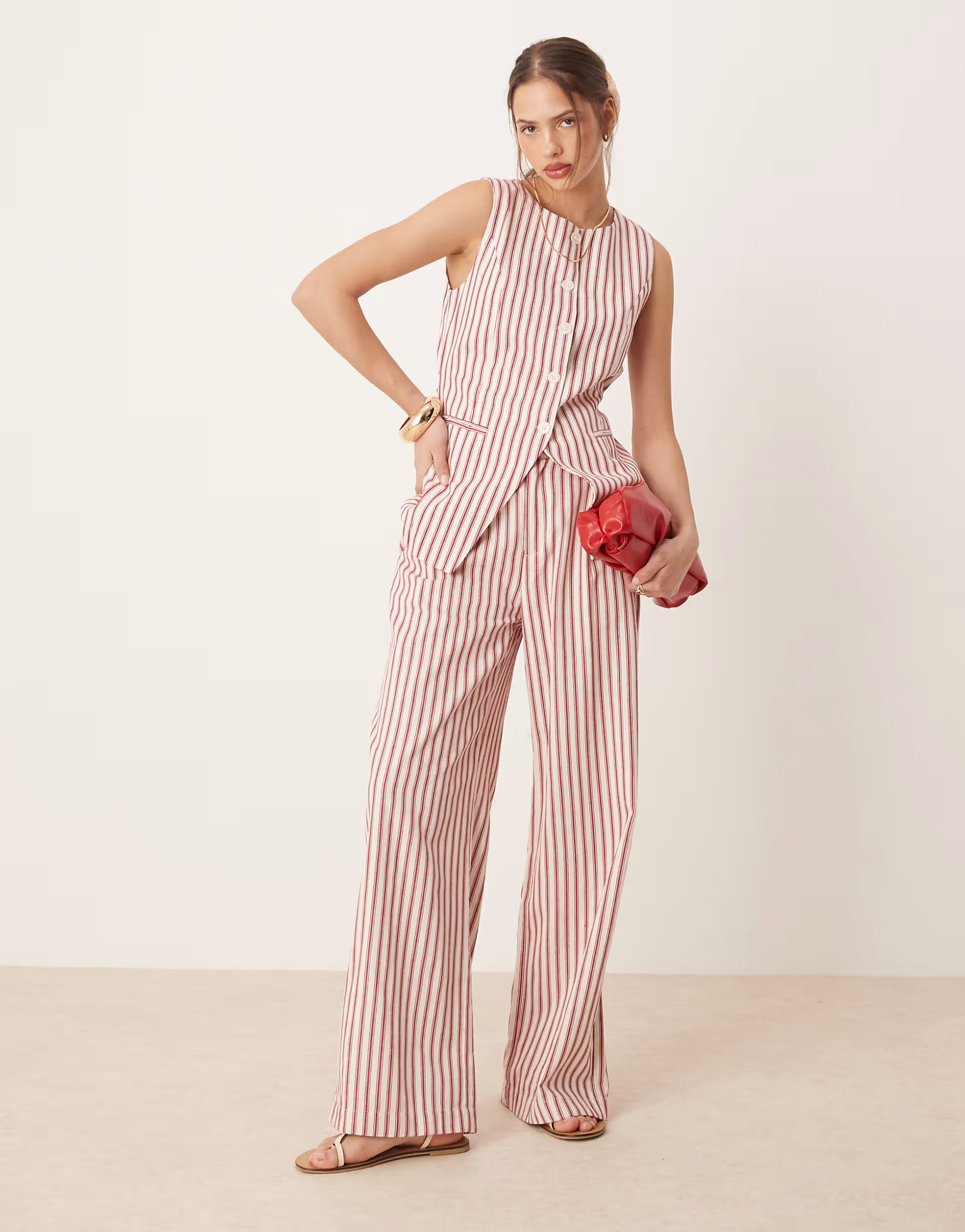 Glamorous waistcoat button down cotton top with tie in red stripe co-ord | ASOS (Global)