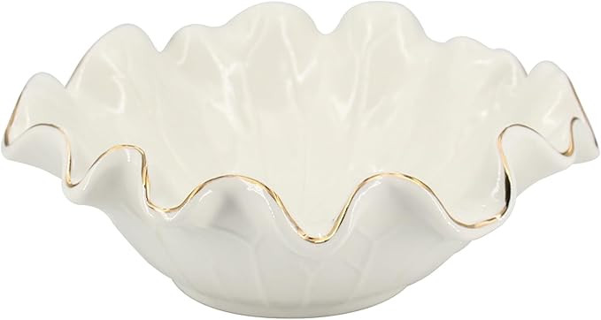 8" White Fruit Bowl Ceramic Ruffle Lotus Design with Gold Trim, Decorative Leaf Floral Bowl for C... | Amazon (US)