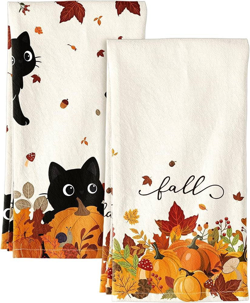 Miss Adola Fall Flour Sack Kitchen Towels Set of 2, Pumpkin Cats | Amazon (US)