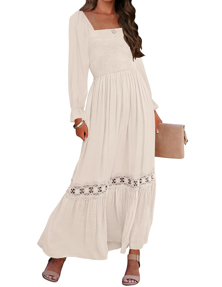 ZESICA Women's 2025 Boho Long Sleeve Square Neck Smocked High Waist Flowy A Line Lace Trim Maxi D... | Amazon (US)