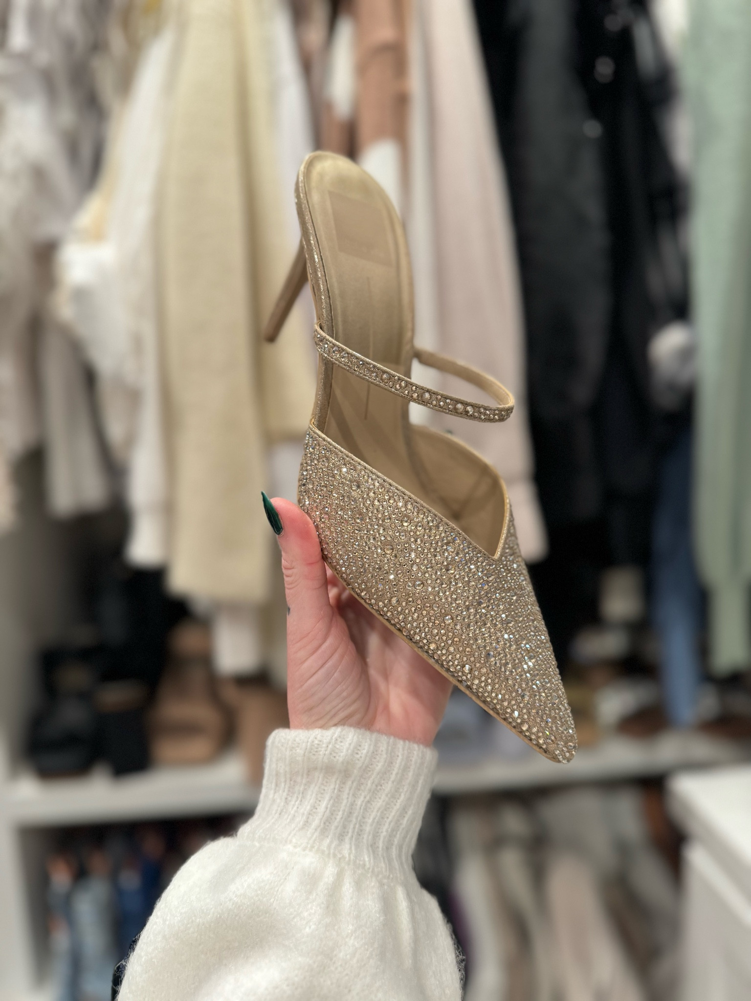 Gold sparkle shoes for Christmas parties and New Year’s Eve 
Holiday shoes that shine
Crystal gold low heels from dolce vita 