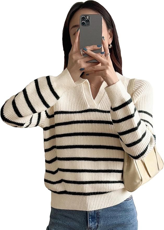 Cozyease Women's Striped Print Rib Knit Long Sleeve Sweater V Neck Top Collar Neck Casual Pullove... | Amazon (US)