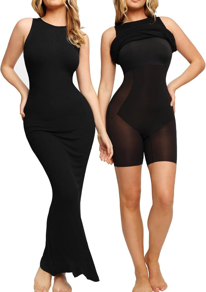 Popilush Shapewear Dress Built in Bra Bodycon Shaper Dress 9 in 1 Crew Neck Sleeveless Maxi Forma... | Amazon (US)