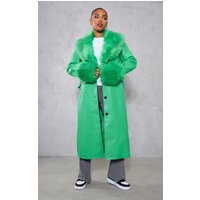 Bright Green Faux Fur Collar And Trim Faux Leather Belted Trench | PrettyLittleThing US
