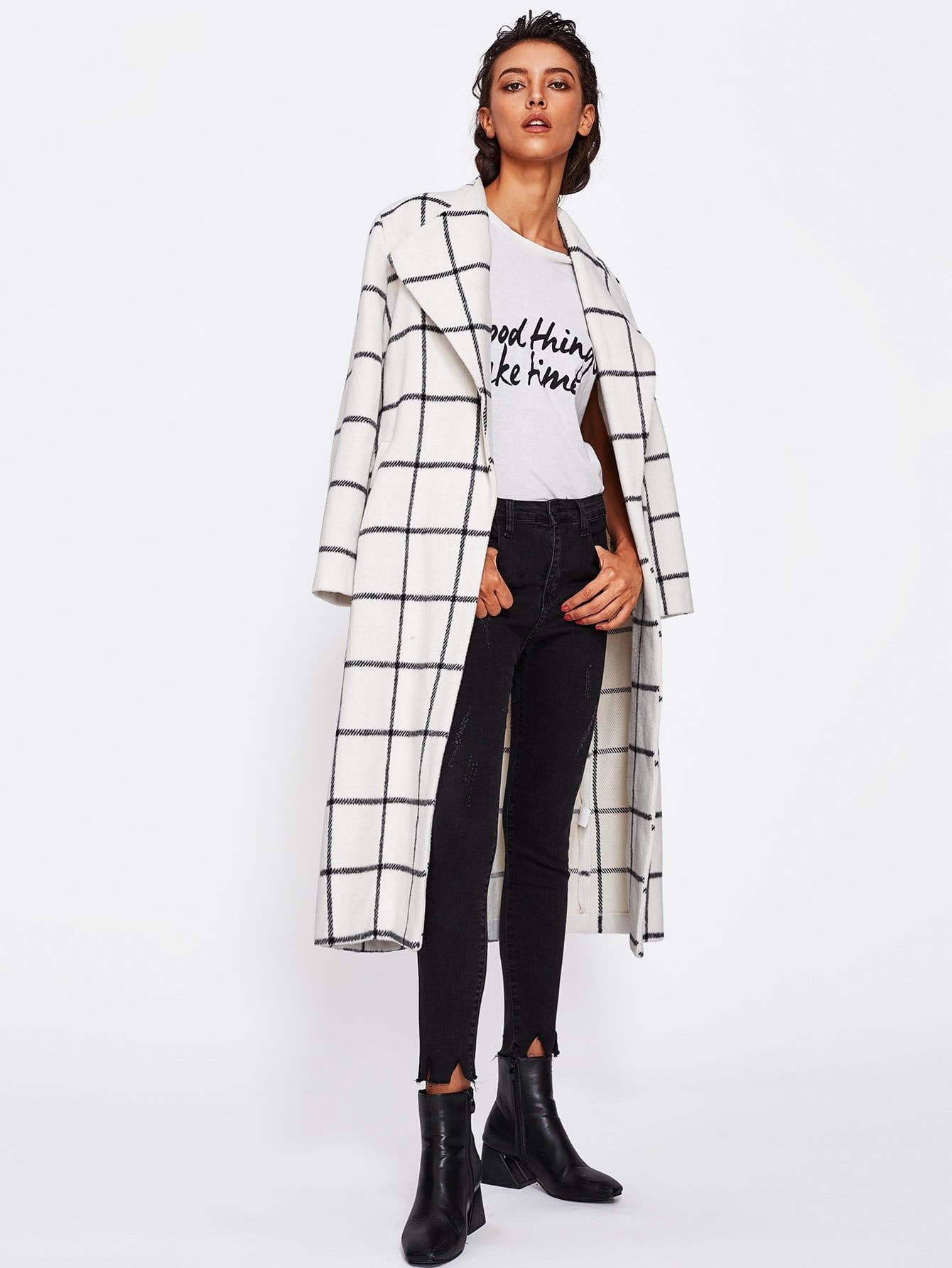 Drape Collar Grid Longline Coat | SHEIN