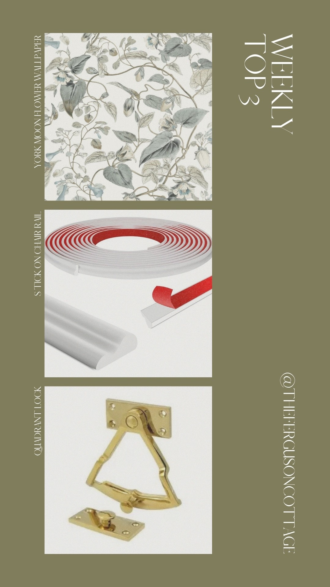 Your three favorite things this week!

This wallpaper is stunning, and bathrooms are some of my favorite places to install ￼wallpaper. 

This peel and stick molding can be a lifesaver for bowed walls, curved trims, or places that need a temporary fix. 

Solid brass hardware is always a win and this quadrant hinge is so cute on our Dutch door. 

#LTKHome