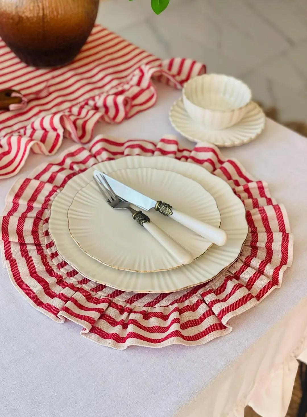 Red Stripe Linen Placemat With Ruffle: Boho Table Decor - Etsy | Etsy (US)