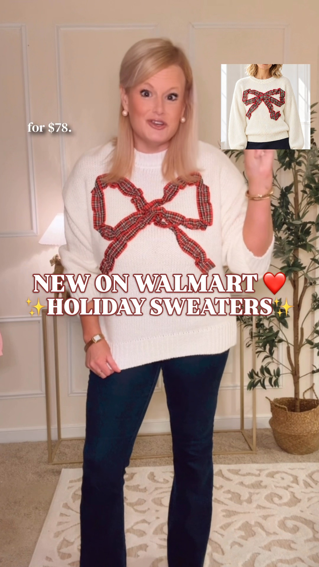 Walmart Christmas sweaters | Altar’d State look for less | tartan bow sweater | holiday outfits women

Too early for Christmas sweaters? Y’all love when I find the good stuff first, so here we are. This new $20 Walmart bow sweater looks so much like the Altar’d State version that retailed for $78 last year. And that big tartan bow is adorable.

The white knit with the textured red plaid bow is exactly my kind of preppy Christmas sweater. The bow has dimension, the ribbed trim keeps it classic, and it looks so cute with dark jeans. It’s from Holiday Time, with a crew neckline, long sleeves and soft knit fabric. Machine washable, too.

I’m wearing a large. I sized up for a relaxed, easy fit and recommend doing the same if you want it to fit like mine.

Wear it with jeans and flats for a teacher Christmas outfit, a cookie exchange or holiday shopping. Add a skirt for a casual Christmas party, holiday brunch or family photos. Festive, feminine and only $20.

There are several different prints available right now. I think these will go quickly, and I would rather share them while you have options than have you looking for a sold out sweater in November. Shop your favorite below and have your holiday outfit ready.

Walmart Christmas sweaters women, Walmart holiday sweaters, Holiday Time sweater, Altar’d State look for less, tartan bow sweater, plaid bow sweater, white Christmas sweater, cute Christmas sweaters women, preppy holiday outfits, teacher Christmas outfit, Christmas party sweater, casual Christmas outfits women, holiday family photo outfits, Christmas sweaters under $25, Walmart style, Walmart finds

#LTKFindsUnder50 #WalmartFinds #WalmartStyle #ChristmasSweater #HolidayOutfits #LookForLess #LTKHoliday #HolidaySweater

#LTKSeasonal #LTKMidsize #LTKootd