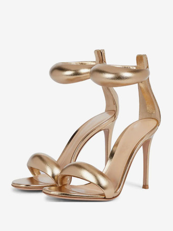 Gold High Heel Women Open Toe Metallic Ankle Strap Prom Sandals | Milanoo