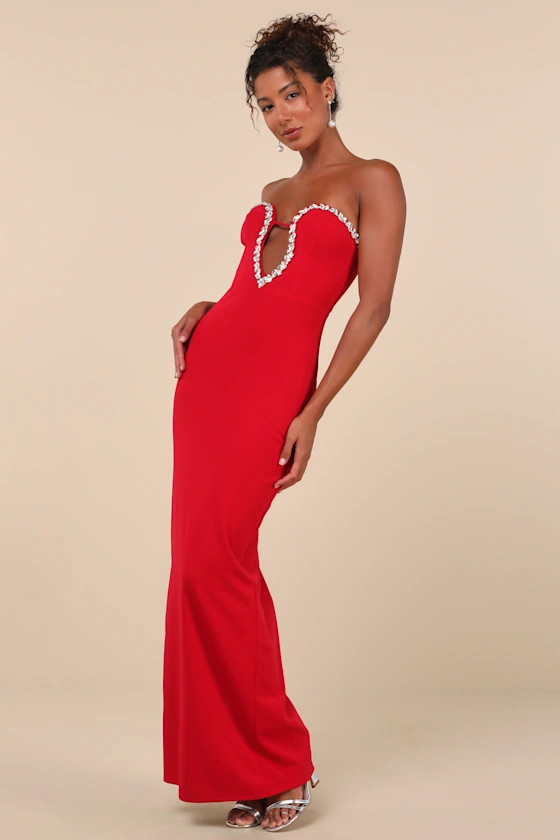 Sensational Luxury Red Rhinestone Cutout Strapless Maxi Dress | Lulus