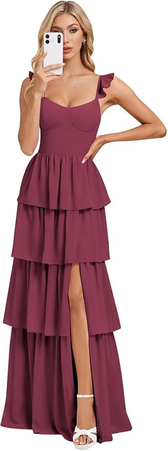 Tiered Ruffle Bridesmaid Dresses for Women 2025 Long Chiffon Formal Evening Dress with Slit | Amazon (US)