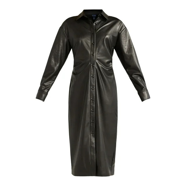 Scoop Women’s Faux Leather Maxi Shirtdress with Side Ruching, Sizes XS-XXL - Walmart.com | Walmart (US)