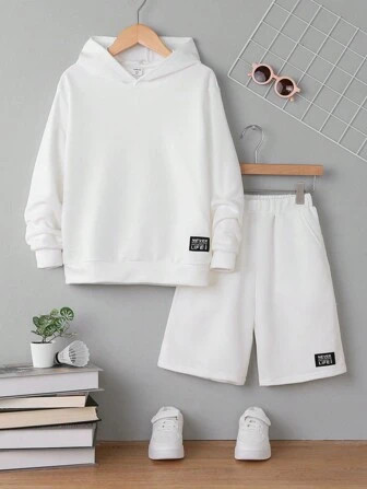 SHEIN Kids EVRYDAY Tween Boy Letter Patched Detail Hoodie & Shorts | SHEIN