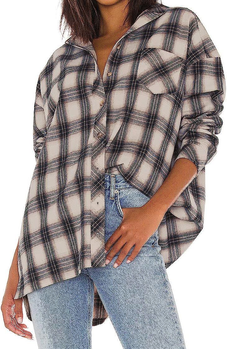 JLCNCUE Women's Classic Long Sleeve Shirt Street Fashion Flannel Plaid Shirt Oversized Tops Blous... | Amazon (US)
