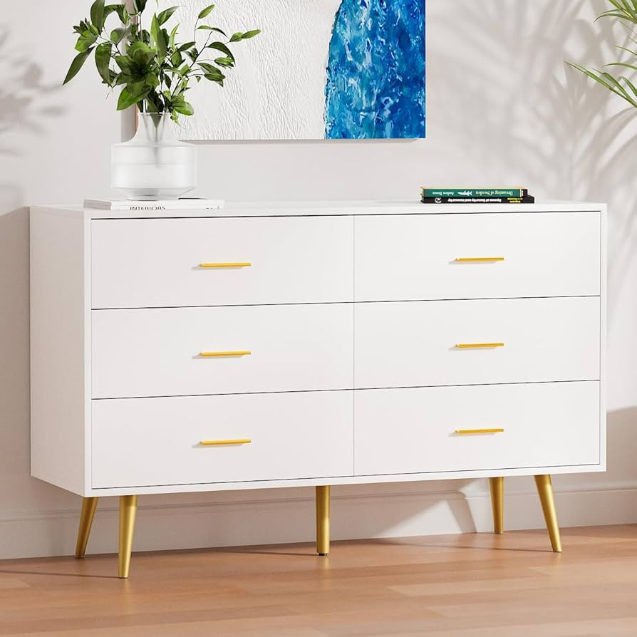 LYNSOM White Dresser for Bedroom, Modern 6 Drawer Dresser with Gold Handles, Wood Chest of Drawer... | Amazon (US)