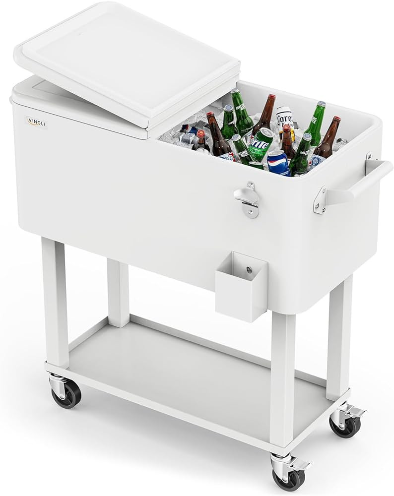 VINGLI 80 Quart Rolling Ice Chest, Portable Patio Party Bar Drink Cooler Cart, with Shelf, Bevera... | Amazon (US)