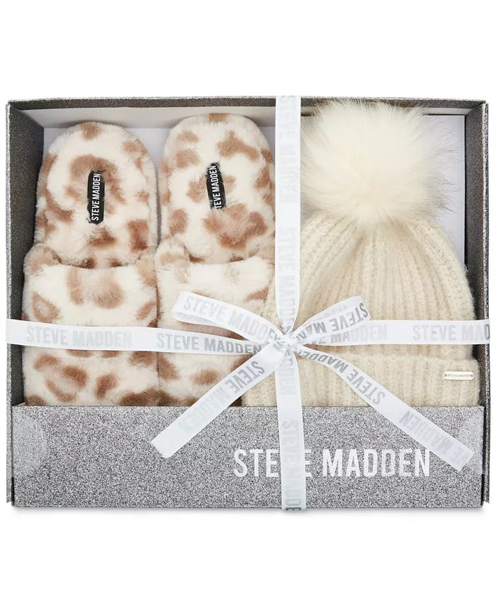 Steve Madden Women's 2-Pc. Faux-Fur Slippers & Beanie Boxed Gift Set - Macy's | Macy's