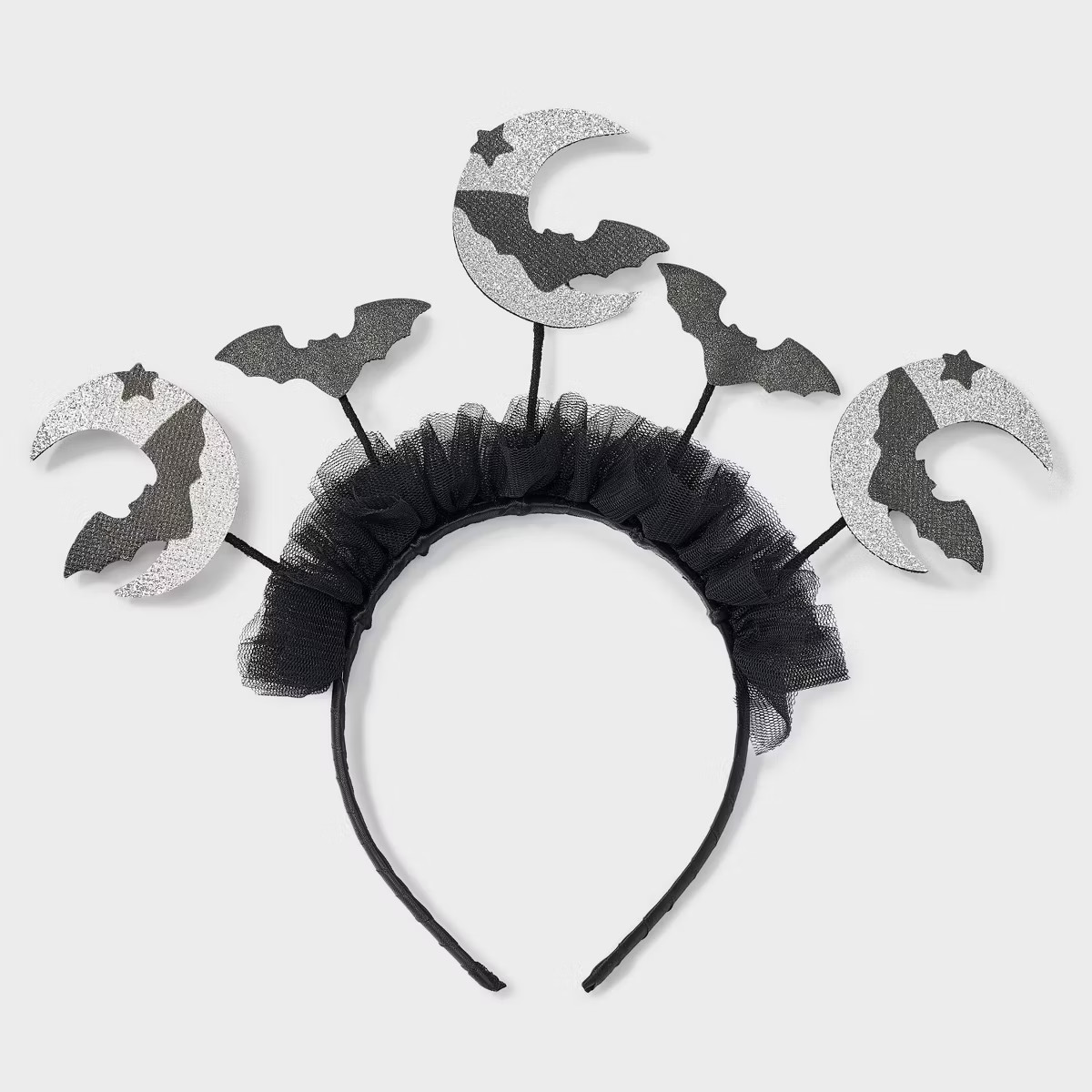 Halloween Glitter Moon and Bat Icon Tinsel Headband - Black/Silver | Target