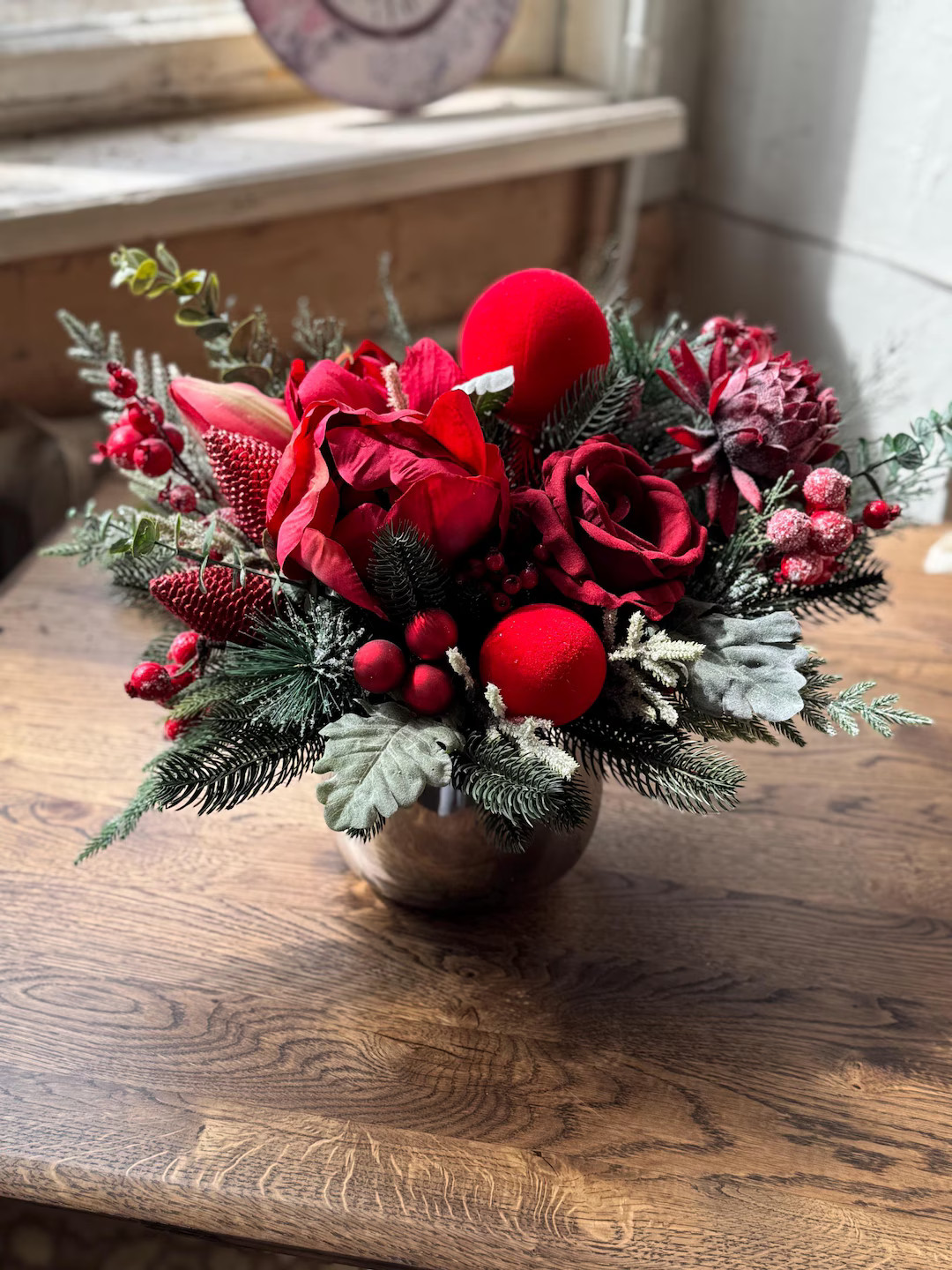 Winter Table Centerpiece With Red Flowers, Pine Branches, Modern Christmas Home Decor, Holiday Ta... | Etsy (US)