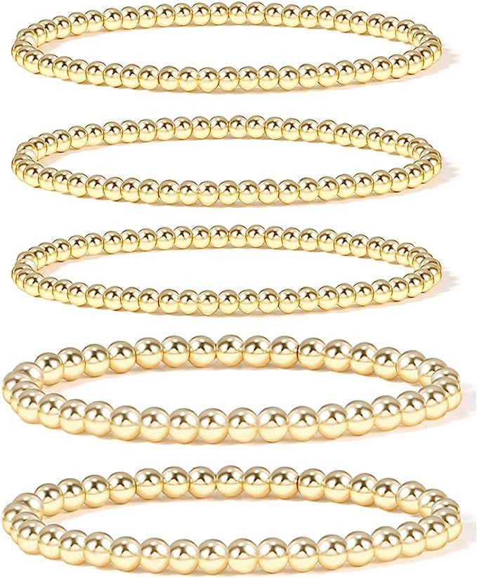 Gold Bead Bracelet for Women,14K Gold Plated Bead Ball Bracelet Stretchable Elastic Bracelet | Amazon (US)