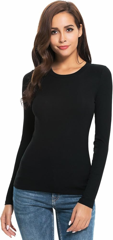Women Long Sleeve Crew Neck/Scoop Neck Rayon Slim Fit Stretchy Layer T Shirts Tops | Amazon (US)