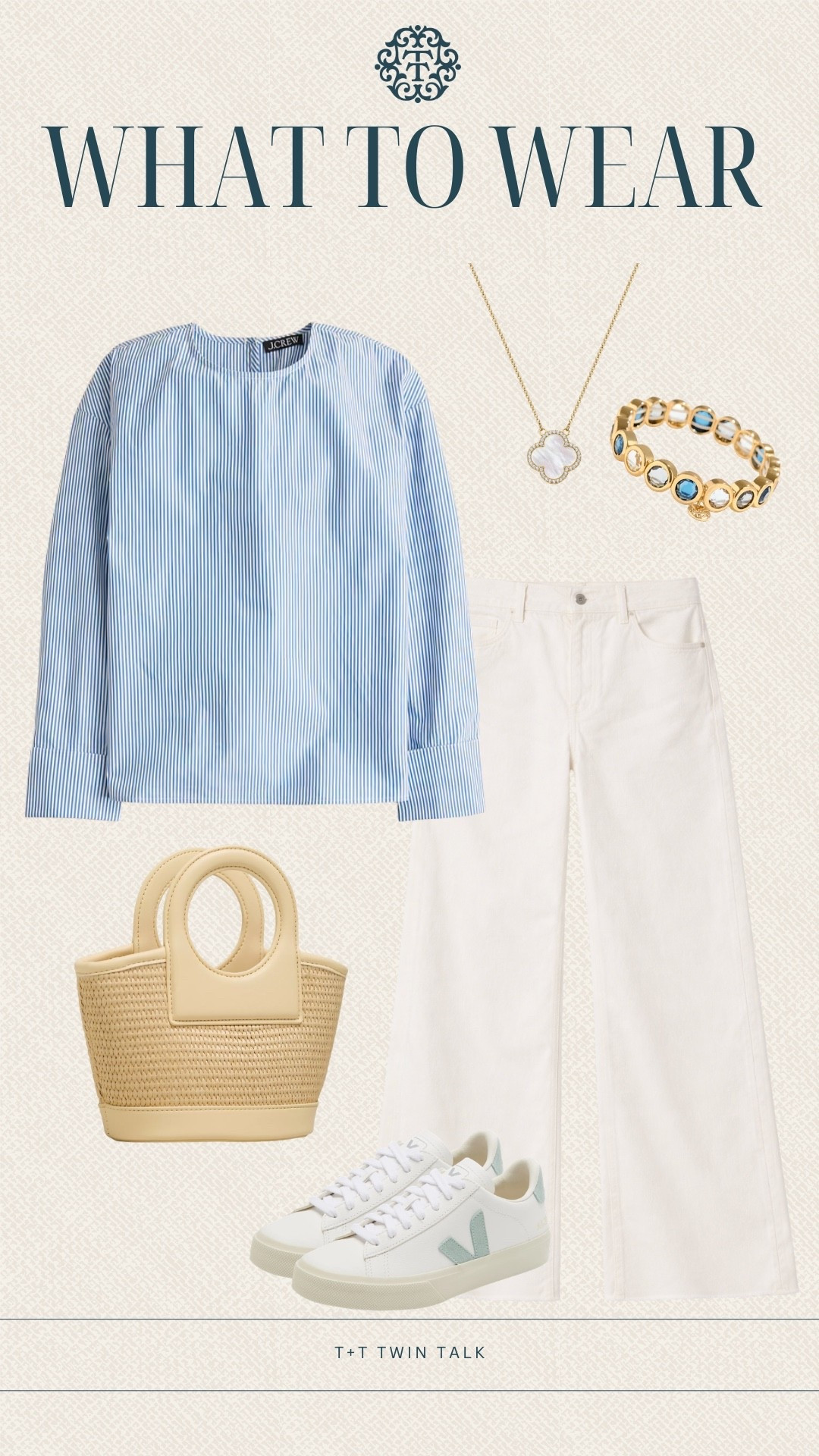 T+T, what to wear! We’re loving this blue striped J.Crew top paired with white Nordstrom pants for a clean, classic look. We added a statement bracelet from Talbots, simple jewelry, and a woven bag with sneakers to keep it casual and easy.

#LTKOver40 #LTKSeasonal #LTKMidsize