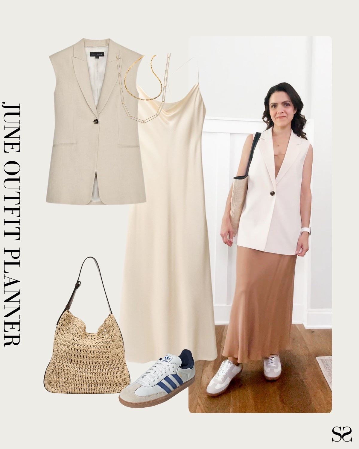 Monthly outfit planner JUNE: what I planned vs how it’s worn: Spring & Summer looks, pin to planner outfit inspo | satin slip dress, sleeveless blazer vest, raffia tote, sneakers 

#springoutfit #summeroutfit #casualstyle 

#LTKStyleTip