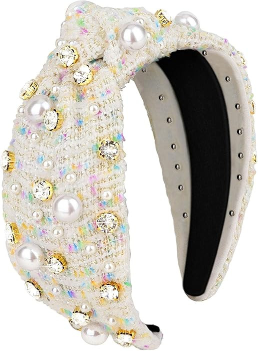 CURASA Knotted Headband For Women Girls White Pearl Rhinestone Checkered Head Band Non Slip Elega... | Amazon (US)