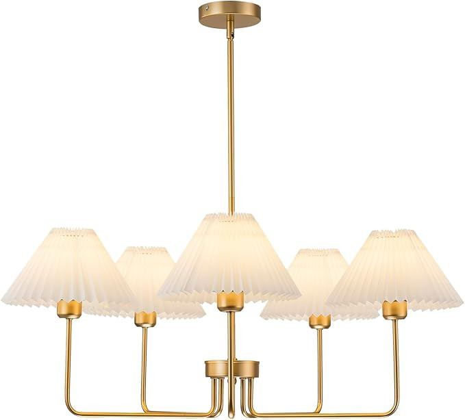 5-Light Gold Chandelier,Mid Century Modern Dining Room Light Fixtures with White Pleated Fabric S... | Amazon (US)