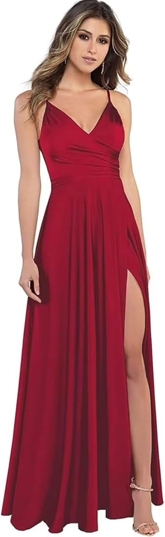 Spaghetti Strap V Neck Satin Bridesmaid Dresses for Women Long A Line Evening Formal Gowns Prom D... | Amazon (US)