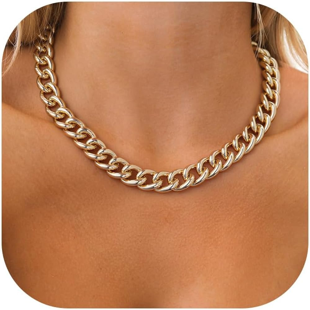 U7 Chunky Gold Necklace, Cuban Link Chain Necklace for Women, Dainty 14K Gold Choker Necklace, Th... | Amazon (US)