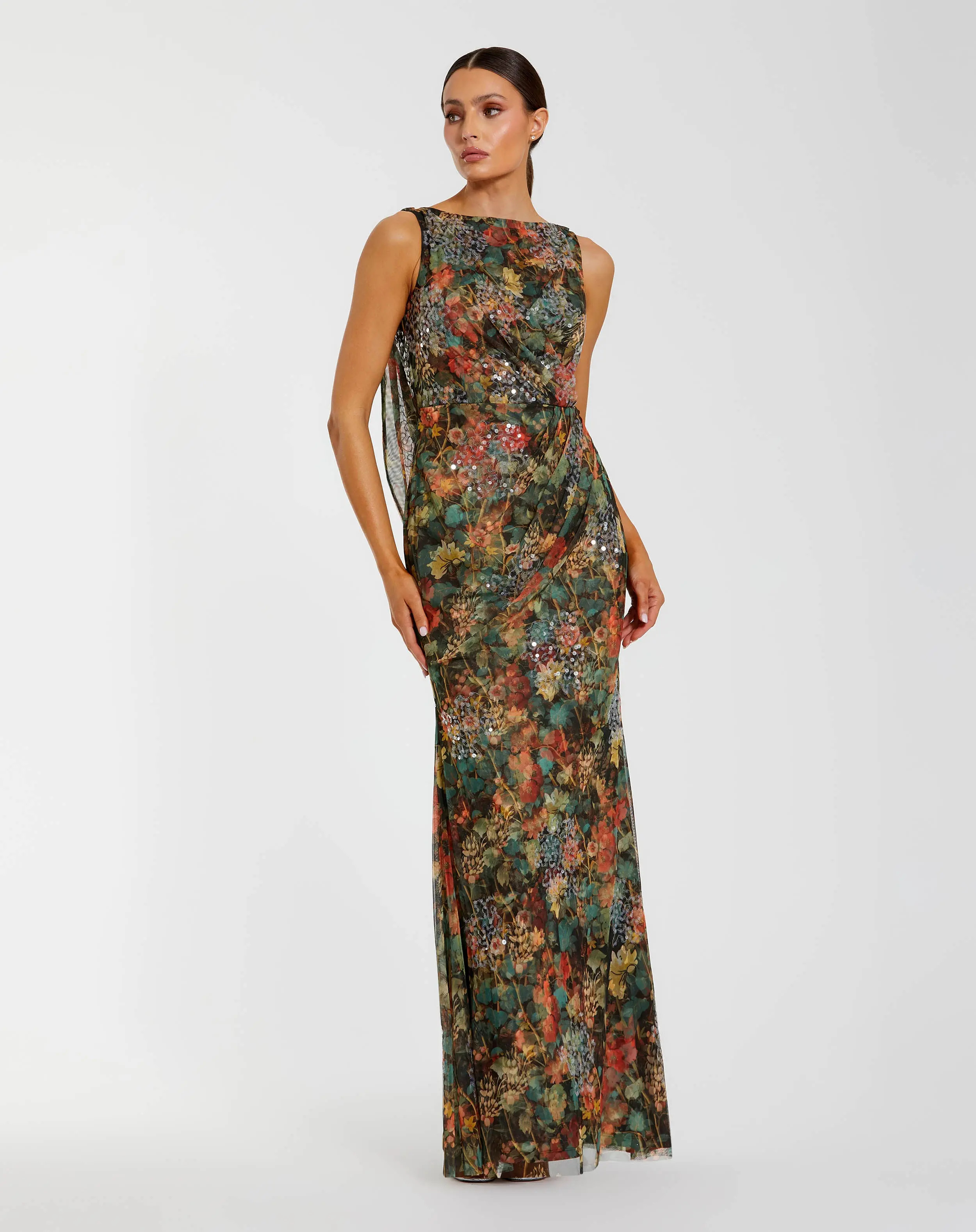 Multicolor Floral Embellished Column Gown with Cowl Back | Mac Duggal | Mac Duggal