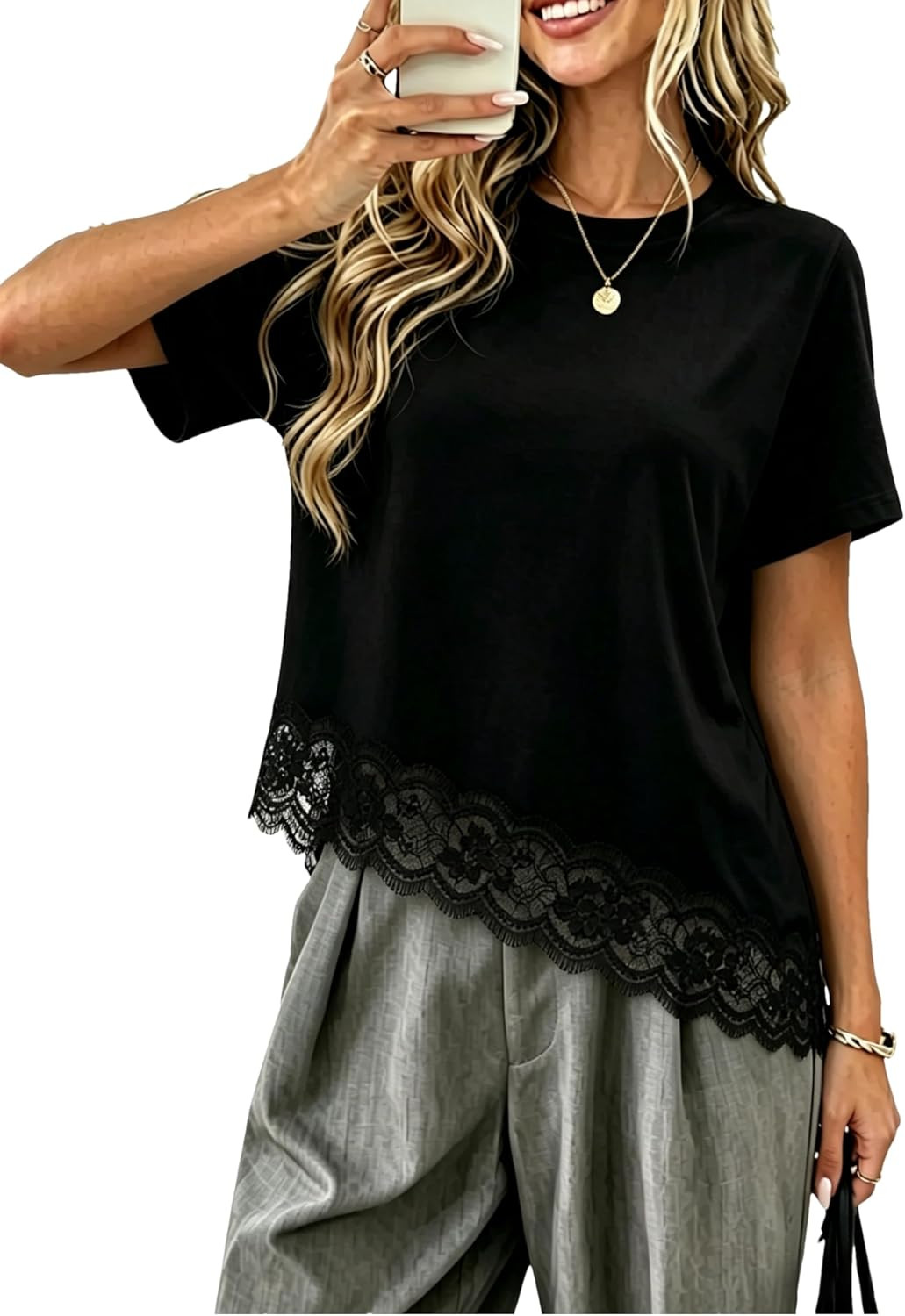 Aimiray Women’s Lace Top Asymmetrical Patchwork Shirt(Black-M | Amazon (US)