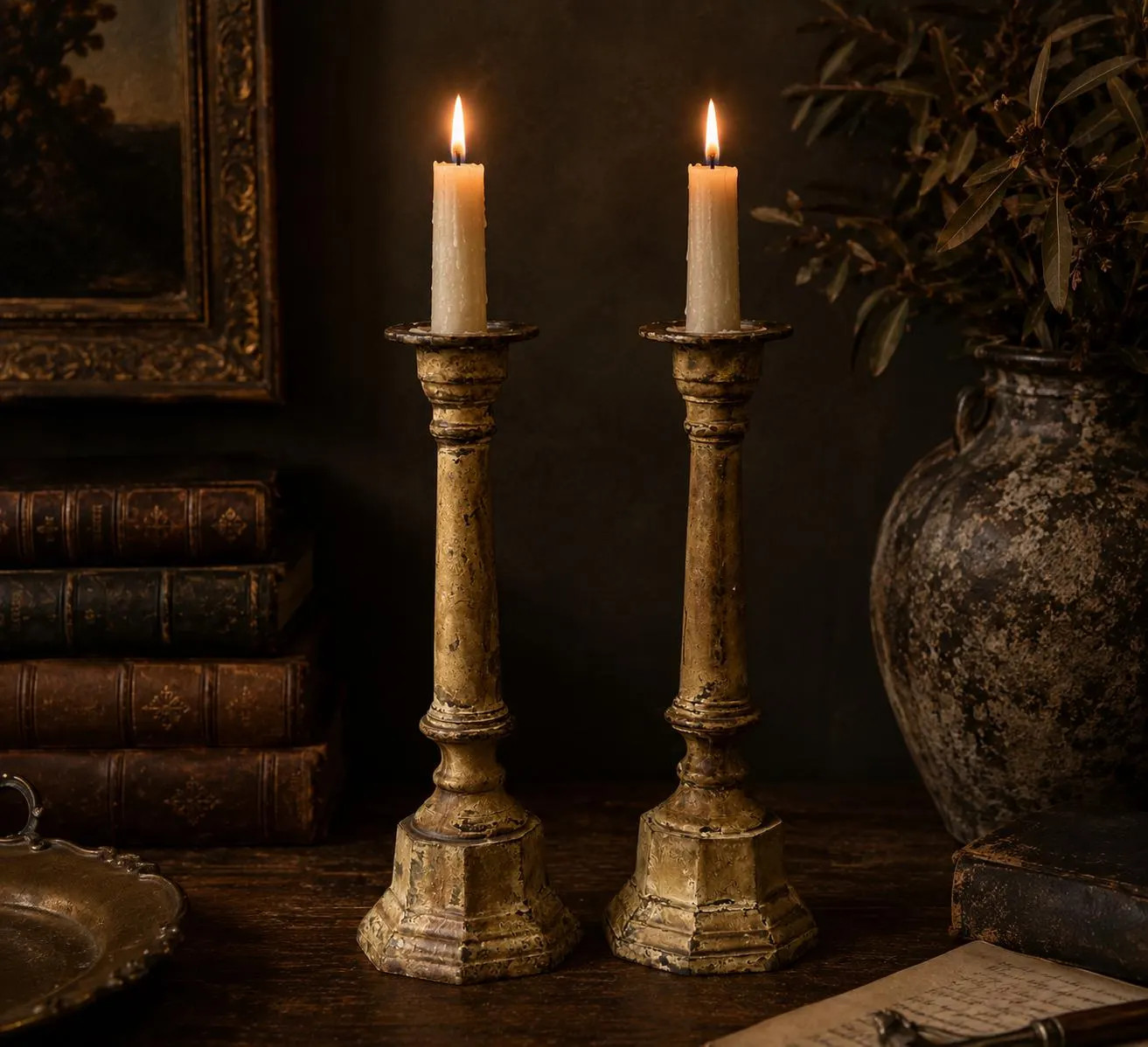 Heavy Patina Vintage Brass Candlesticks Pair – Octagonal Taper Candle Holders – Dark Academia Fall Decor | Etsy (Global)