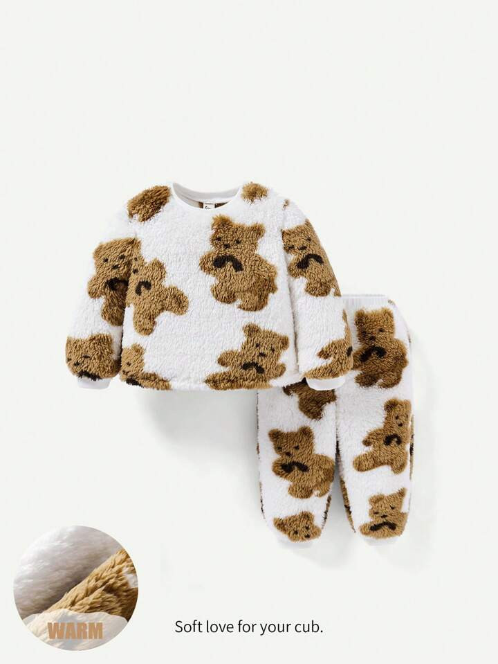 Cozy Cub Baby Girl Bear Print Teddy Sweatshirt & Pants | SHEIN