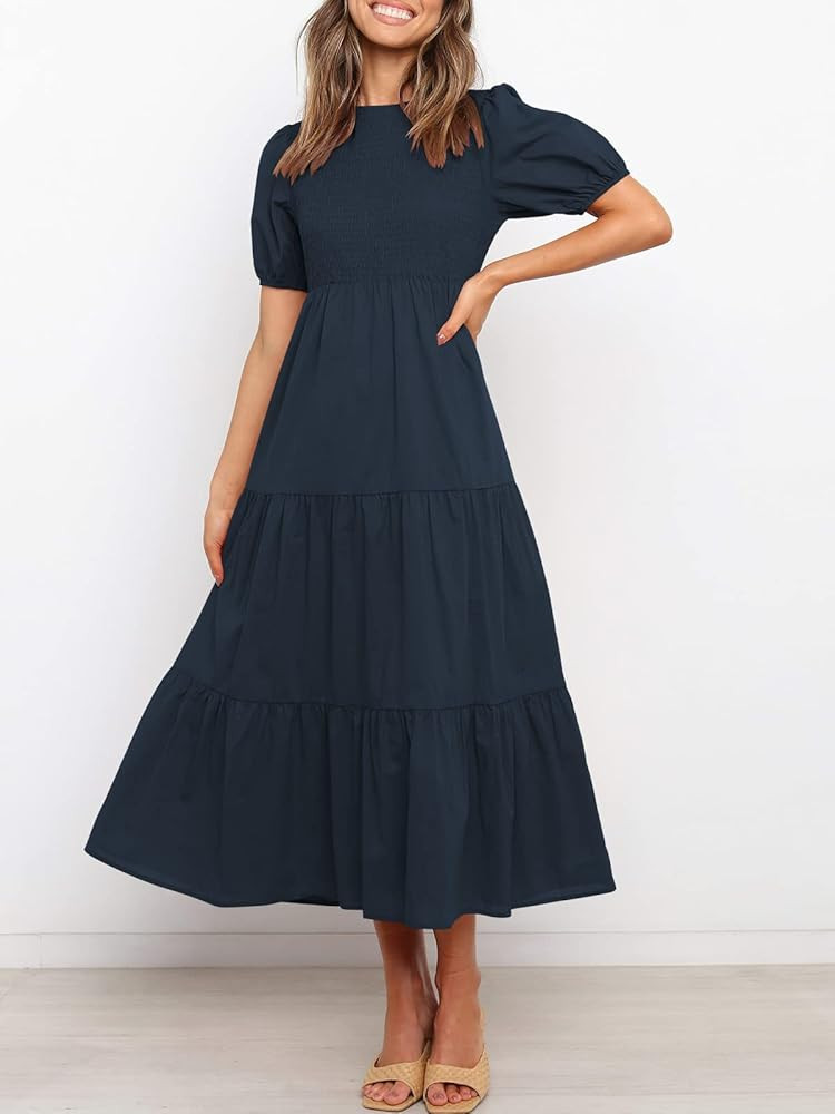 ANRABESS Women's Summer Short Sleeve Crewneck Smocked Sundress Tiered Swing A Line Beach Midi Dress  | Amazon (US)