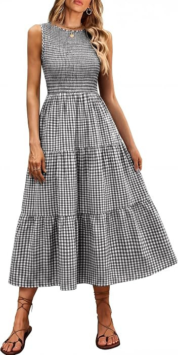 ANRABESS Women's Summer Casual Maxi Dress Sleeveless Crewneck Smocked 2026 Flowy Plaid Tiered Boho A Line Beach Long Sundress | Amazon (US)