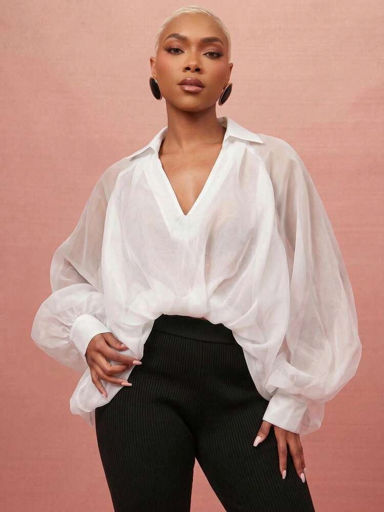 Vixey Statement Hi Low Hem Long Sleeve Organza Top, Special Occasion, Date Night, Day To Night, C... | SHEIN
