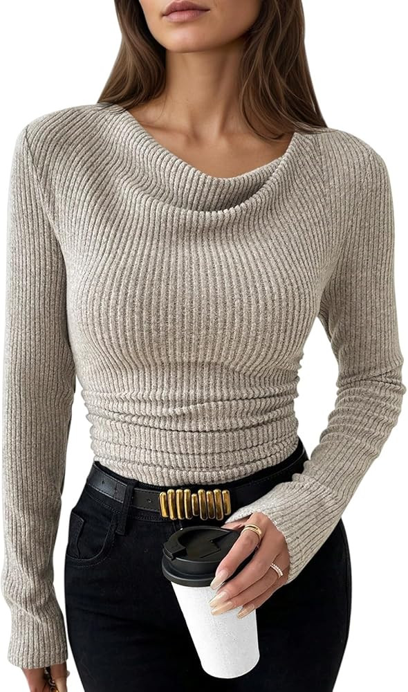 Pink Queen 2025 Fall Cowl Neck Tops for Women Long Sleeve Ruched Slim Fit Ribbed Trendy Shirts | Amazon (US)