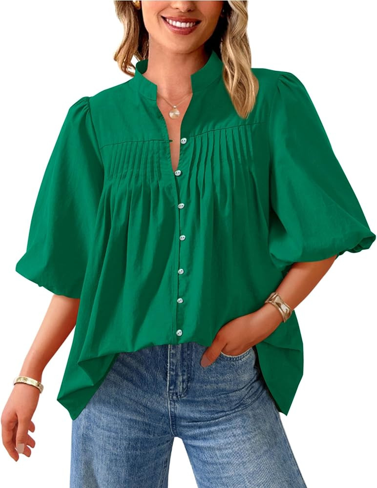 PRETTYGARDEN Women's 2026 Summer Short Lantern Sleeve Tops Loose Fit Button Down Shirt Pleated V ... | Amazon (US)