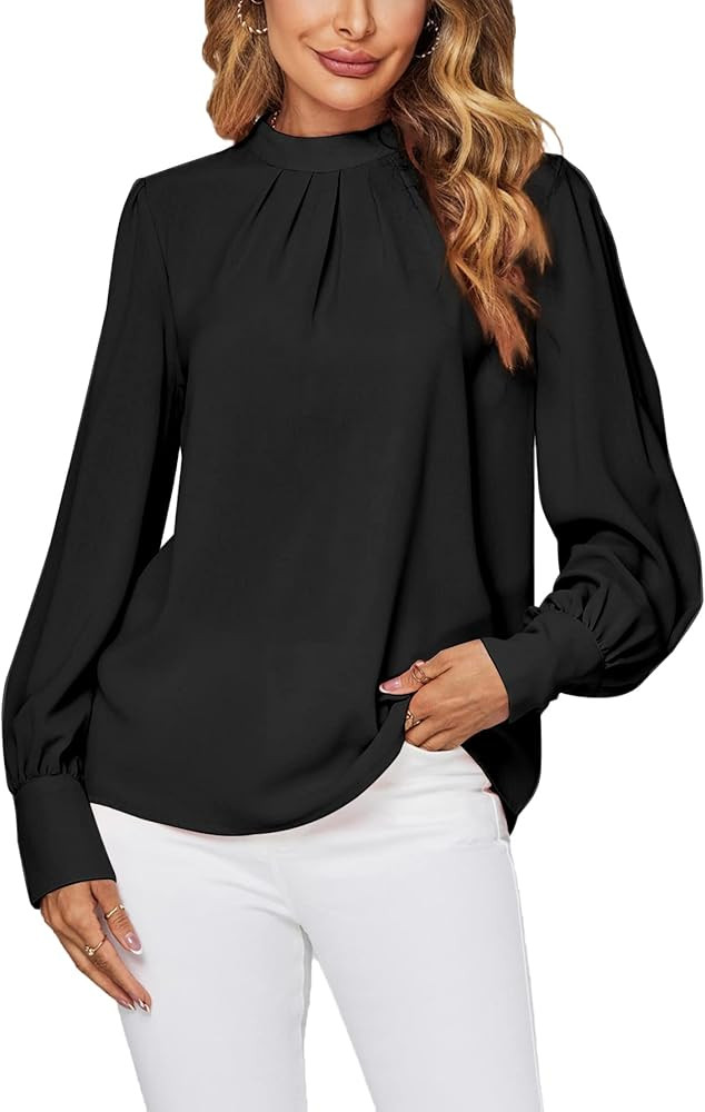 LYANER Women's Mock Neck Pleated Solid Long Sleeve Blouse Office Shirt Top | Amazon (US)