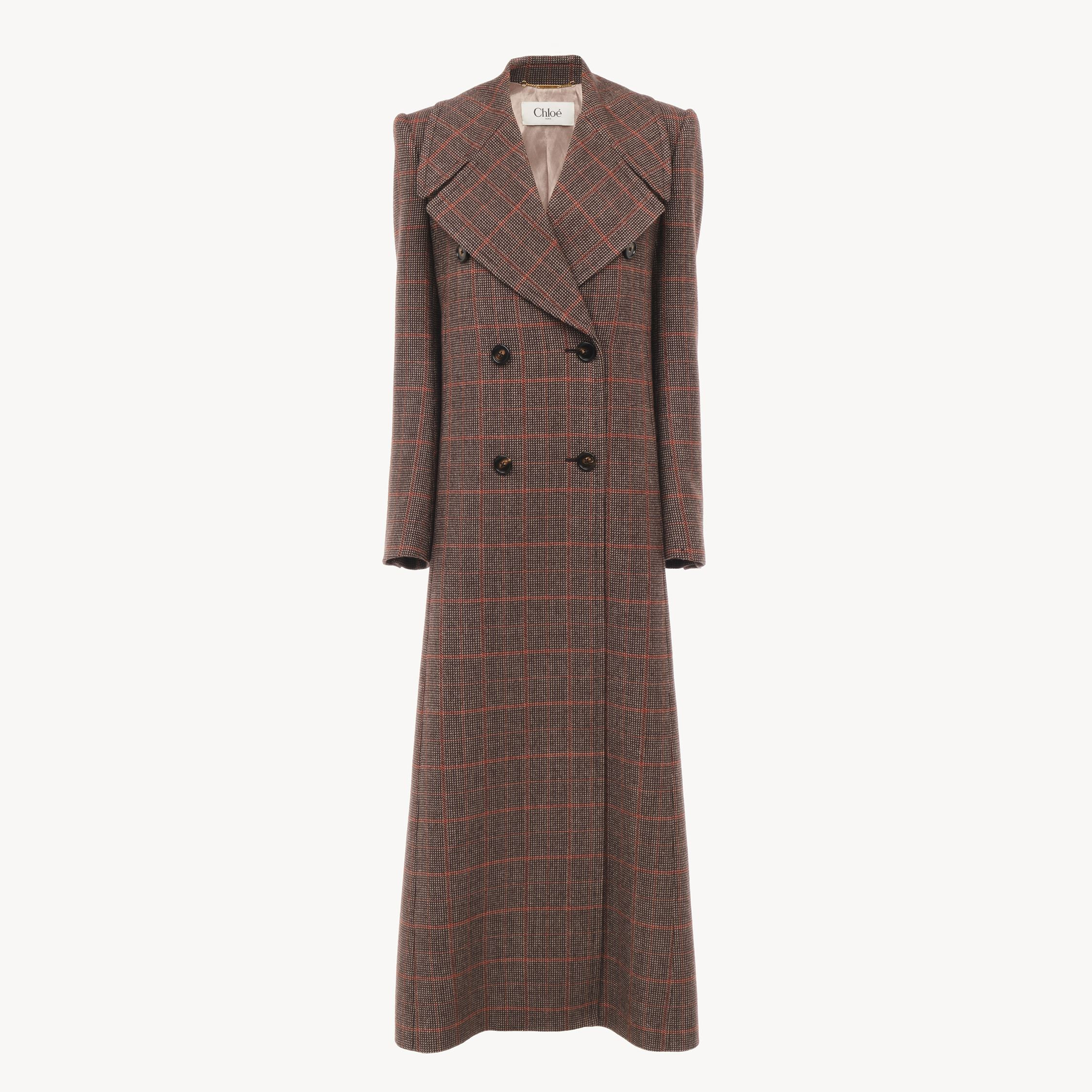 CHLOÉ Long double-breasted coat in check wool Brown Size 10 100% Virgin Wool, Horn Bubalus Bubalis, Farmed, COO India | Chloe US