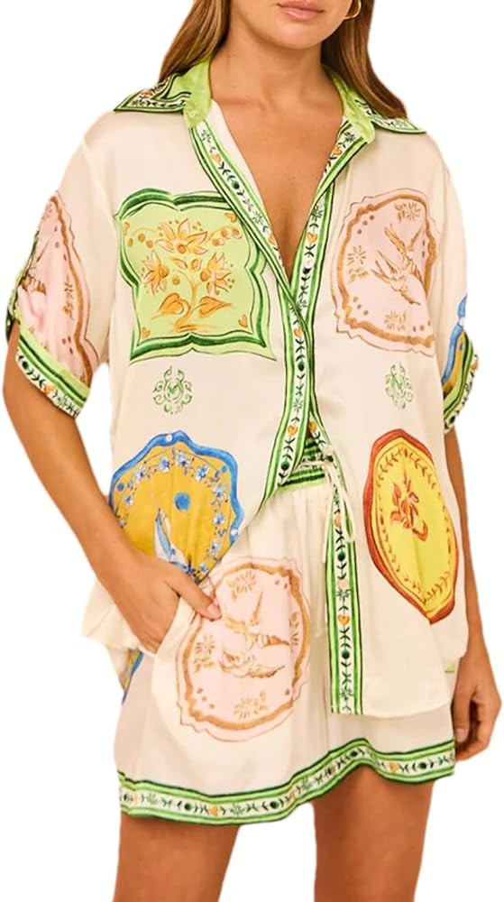 Womens 2 Piece Printed Pajama Set Short Sleeve Button Down Shirt Wide Leg Shorts Summer Loungewea... | Amazon (US)