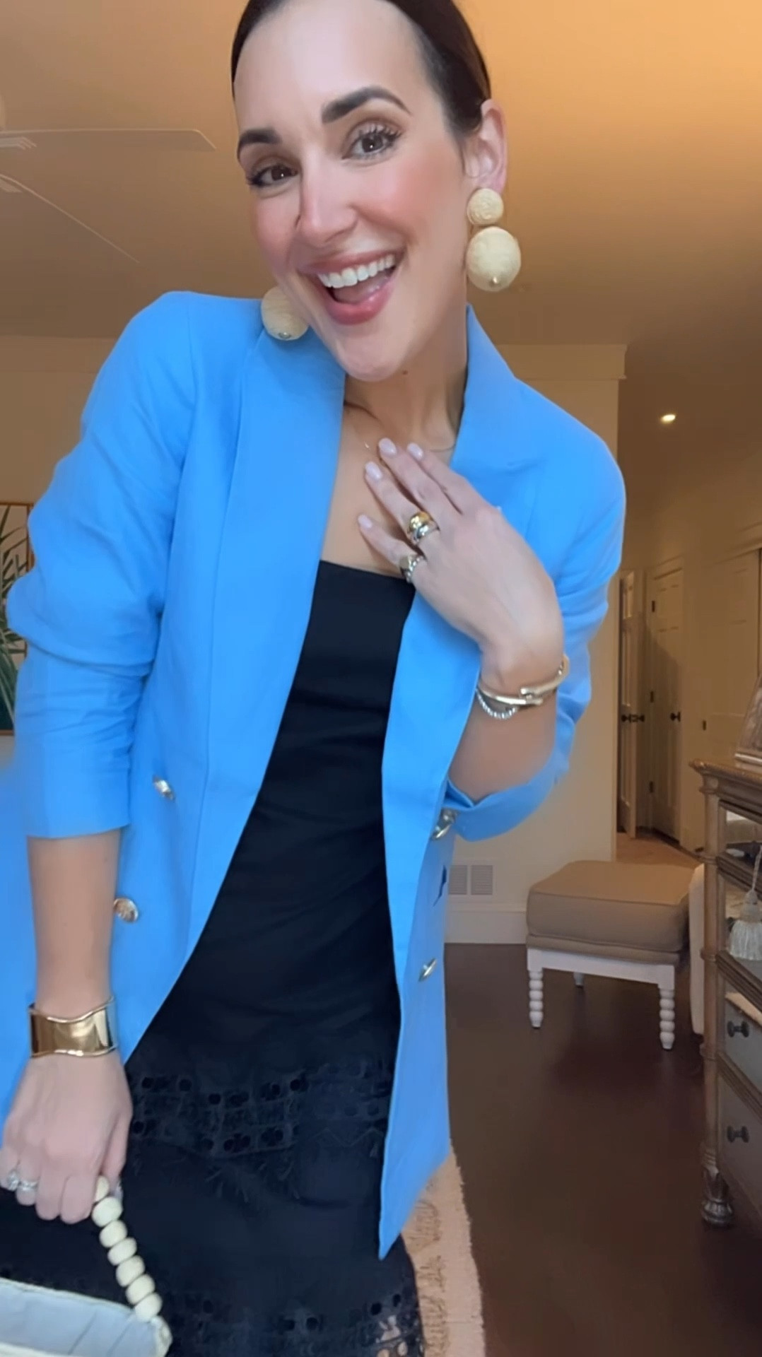 Black fringe maxi dress with blue linen blazer -