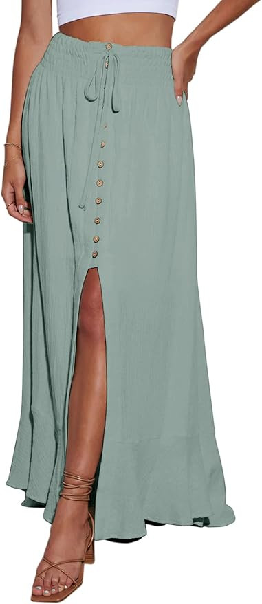 Minclouse Women's Elastic Tie Waist Button Down Maxi Skirts Casual Loose Flowy Swing Slit Front D... | Amazon (US)