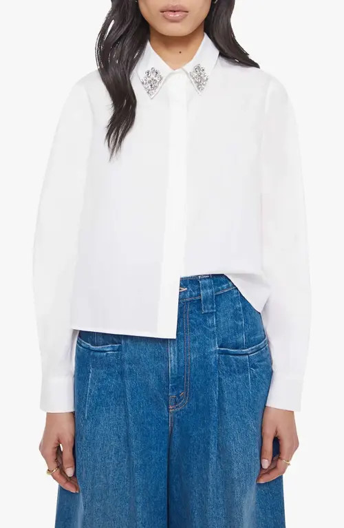MOTHER The Honor Rhinestone Detail Cotton Button-Up Shirt in White at Nordstrom, Size X-Large | Nordstrom