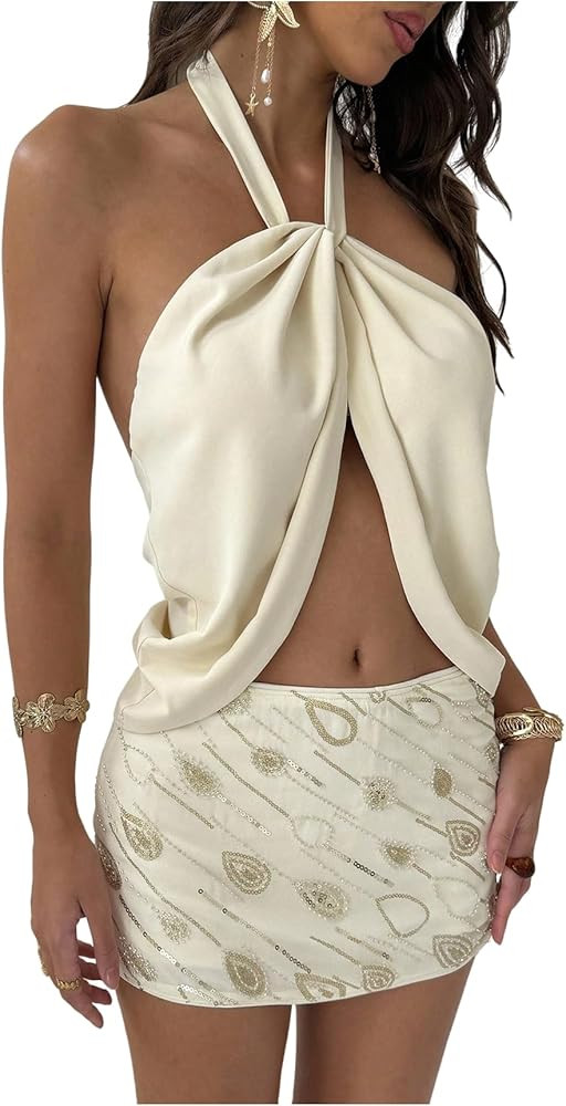 MakeMeChic Women's 2 Piece Fall Outfits Twisted Backless Crop Top and Sequin Beaded Mini Skirt Cl... | Amazon (US)