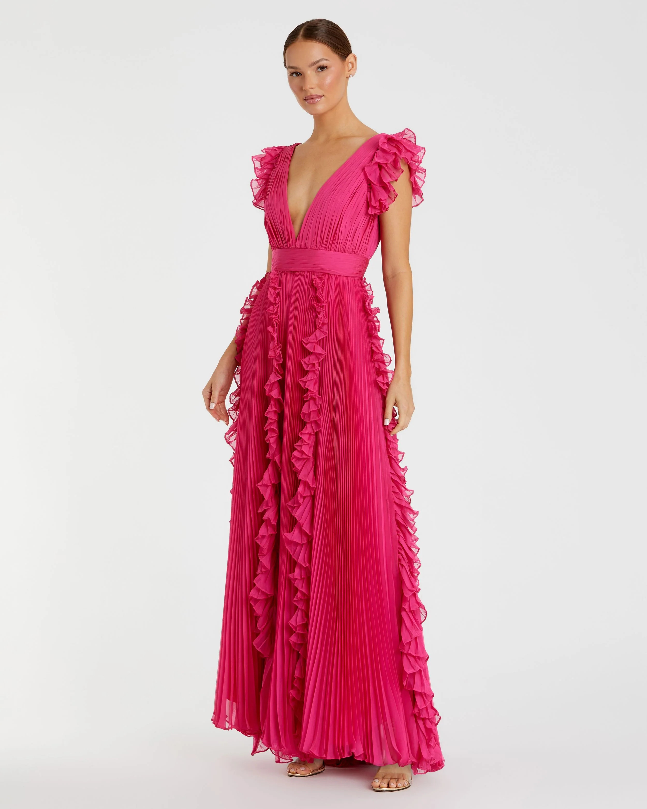 Pink Pleated Ruffle Cap Sleeve Flowy A Line Gown | Mac Duggal